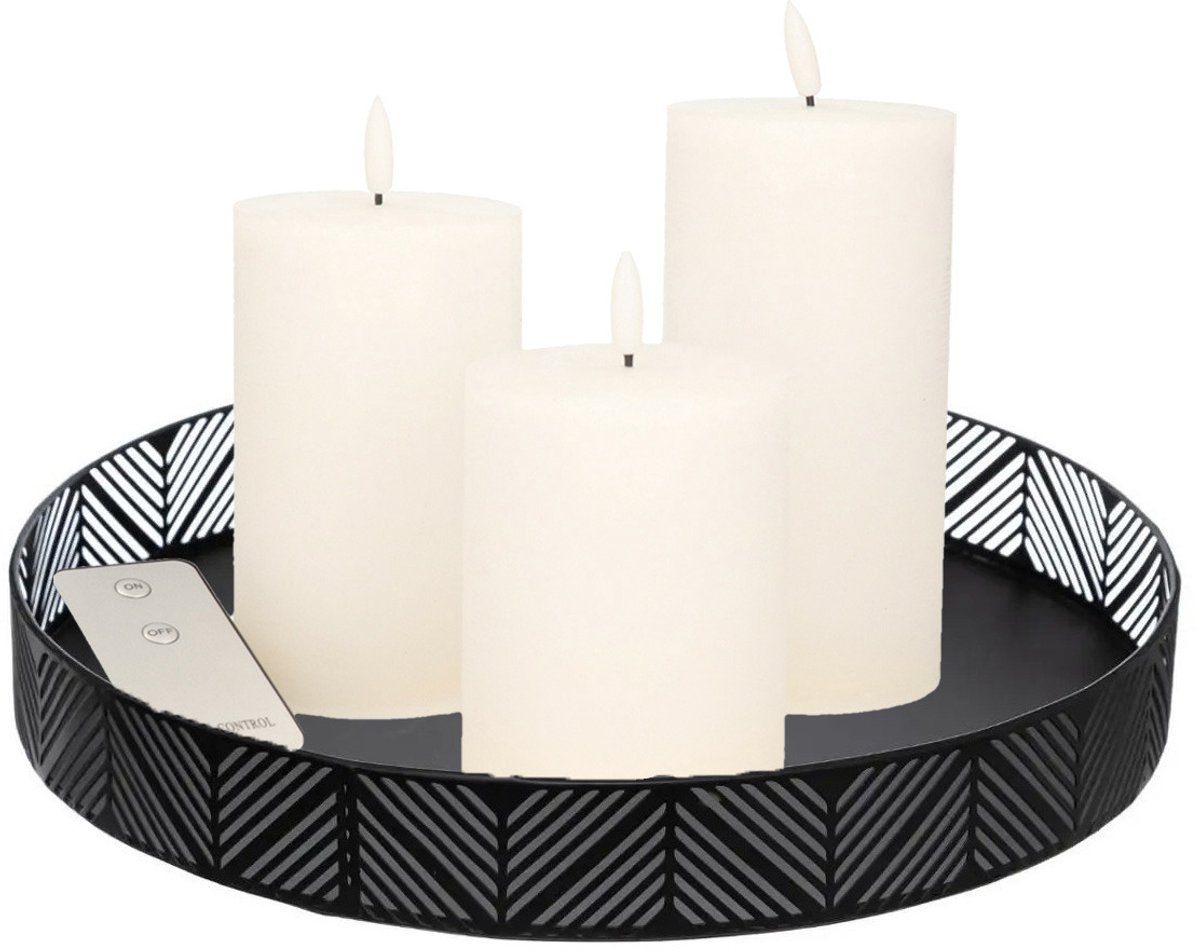 Anna's Collection Anna Collection LED kaarsen - 3x stuks - wit - met zwart rond dienblad - kaarsenbord - D29 cm - metaal