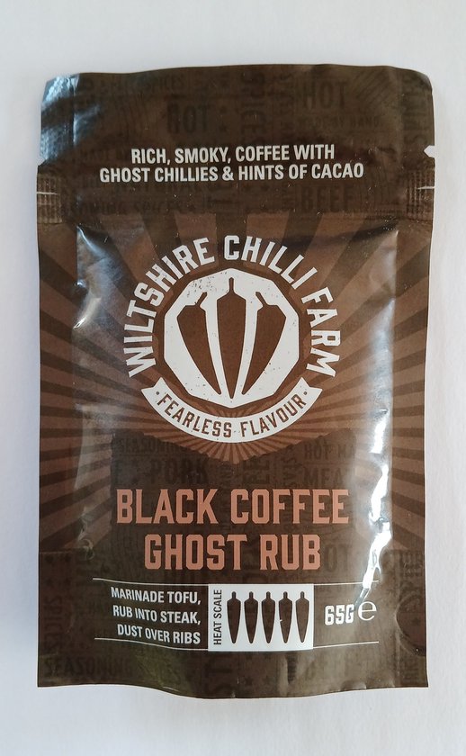 Zwarte verpakking met 'BLACK COFFEE GHOST RUB' opdruk en hitte-indicatie.