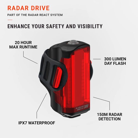 Lezyne LED Radar Drive Rear - Achterlicht Fiets - Fietsverlichting USB-C Oplaadbaar - met Voertuig Detectie - IPX7 - 300 Lumen - Fietslamp Achter - Veiligheidslampje - Achterfietslamp — afbeelding 2