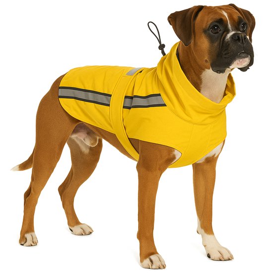 Boxer portant un manteau de pluie jaune avec des rayures réfléchissantes et un col haut.