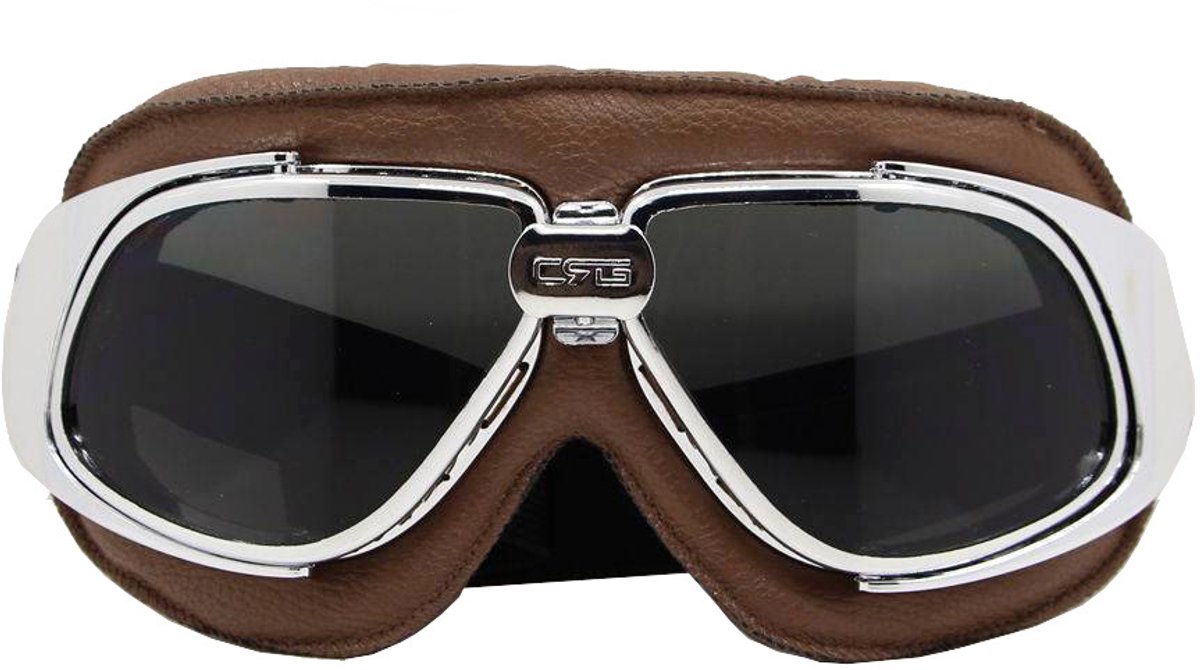 CRG Motorbril - Bruin met Chrome - Retro Motorbril voor Heren - Motorbrillen Vintage - Smoke - Donker Glas