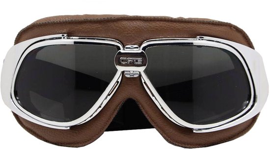CRG Motorbril - Bruin met Chrome - Retro Motorbril voor Heren - Motorbrillen Vintage - Smoke - Donker Glas