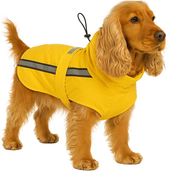Chien de type Spaniel portant un imperméable jaune avec des bandes réfléchissantes et une capuche.