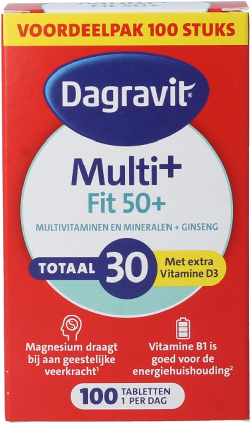 Voorkant verpakking van Dagravit Multi+ Fit 50+ multivitaminen met 100 tabletten.