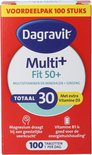 Voorkant verpakking van Dagravit Multi+ Fit 50+ multivitaminen met 100 tabletten.