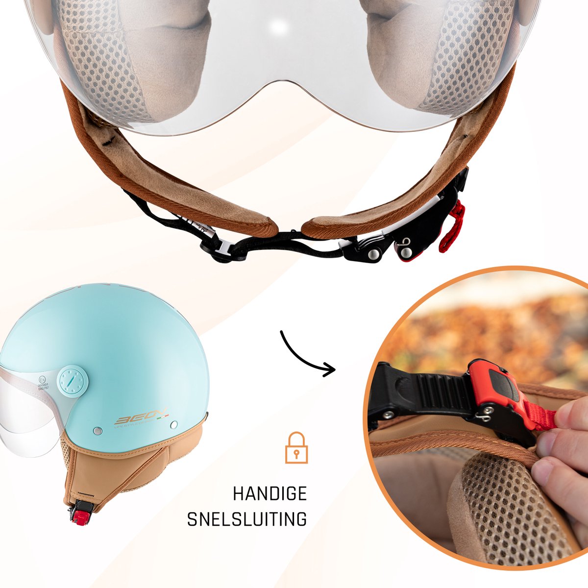 BEON Design Luxe Scooterhelm - Mint Groen - L - Jethelm met Vizier - Motorhelm - Geschikt voor Vespa, Scooter, Brommer, Motor en Snorfiets – foto 7