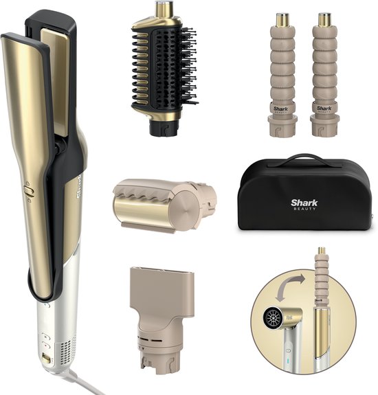 Sèche-cheveux et multi-styler 5 en 1 Shark Glam - Comprend un lisseur Silki, une brosse Glossi, 2 bigoudis, un concentrateur et un polisseur - Goud/ Wit - Convient à tous les types de cheveux - Coiffe les cheveux secs et mouillés - HD6051SEU