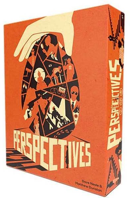 Oranje speldoos met 'PERSPECTIVES' in beige letters, een ei-vormig icoon met zwarte silhouetten en een hand.