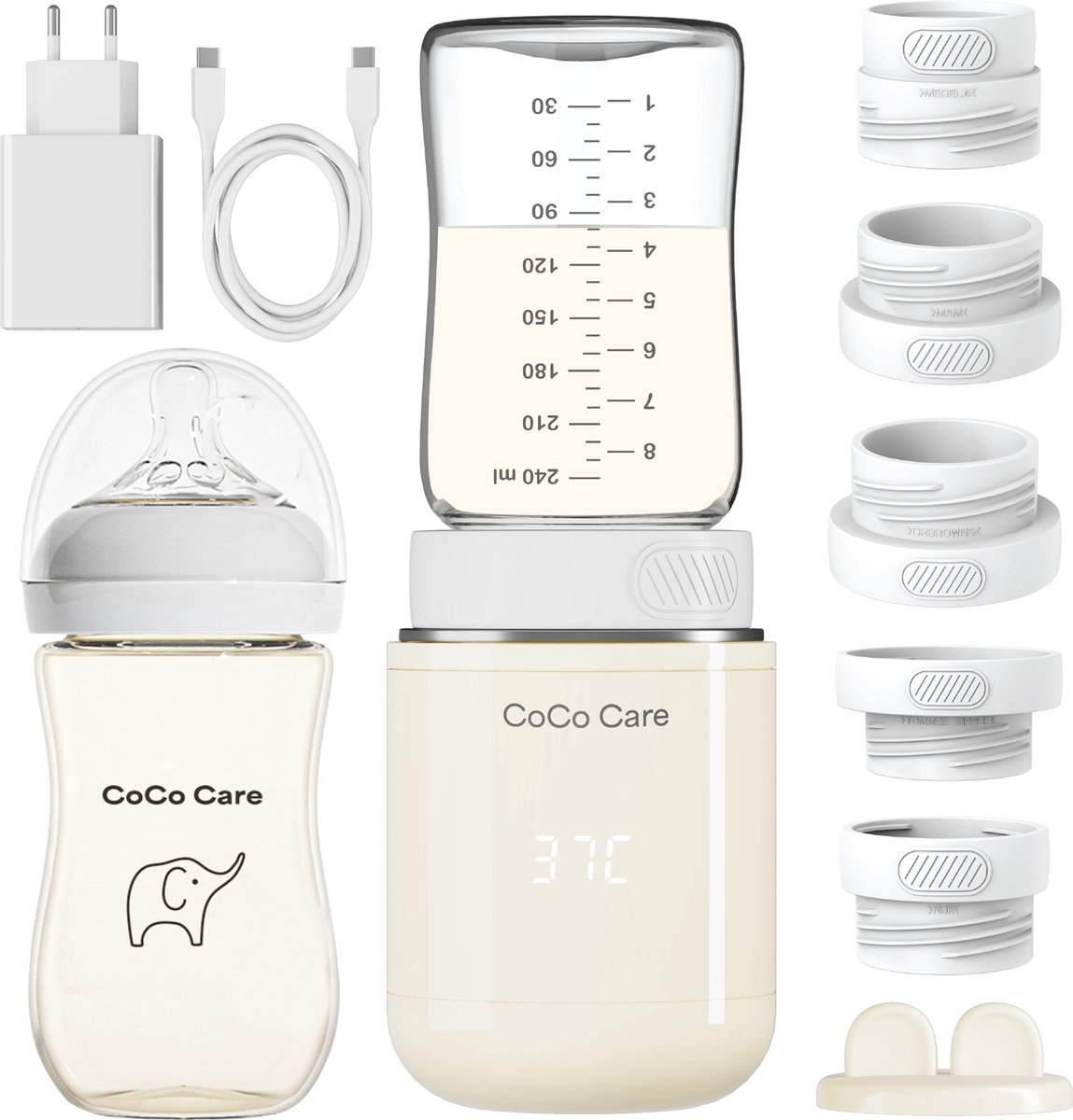 CoCo Care® Heat-2-Go Pro 2026 - Draagbare Flessenwarmer - Flessenwarmer Onderweg - Flessenwarmer Draadloos - 13.200 mAh - Inclusief 5 Adapters & PPSU Babyfles - Beige