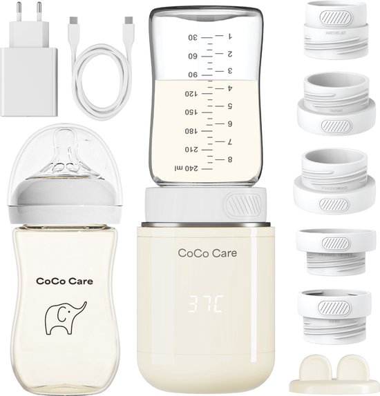 CoCo Care® Heat-2-Go Pro 2026 - Draagbare Flessenwarmer - Flessenwarmer Onderweg - Flessenwarmer Draadloos - 13.200 mAh - Inclusief 5 Adapters & PPSU Babyfles - Beige