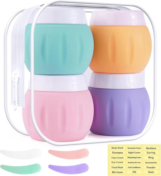 Candala 4 Stuks Potjes Voor Crème, 4 X 50 Ml Capaciteit Macaron Siliconen Cremepotjes Met Doorzichtige Zak Lepel En Etiket Voor Reizen Cosmetica Containers