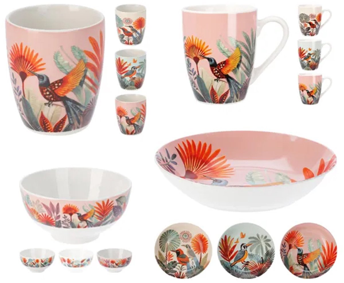 Image of 12-delige Serviesset Tropisch Vogelmotief Roos Kleur