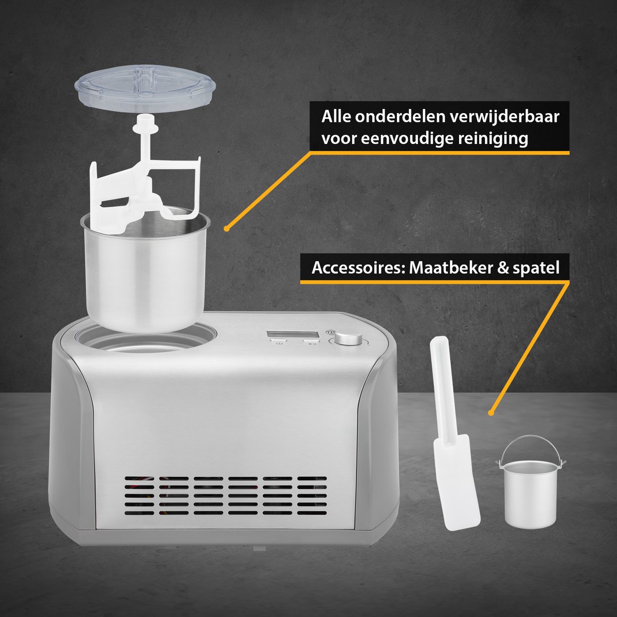 TZS First Austria Ijsmachine 1,2L - 135W - Compressor & Koelfunctie - Roomijsmachine voor Schepijs, Sorbet of Frozen Yogurt - RVS Bak - Grijs