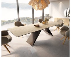 Eetkamertafel Edge keramiek Laminam® Sabbia eiken kleur 300x100 V-frame vlak staal zwart