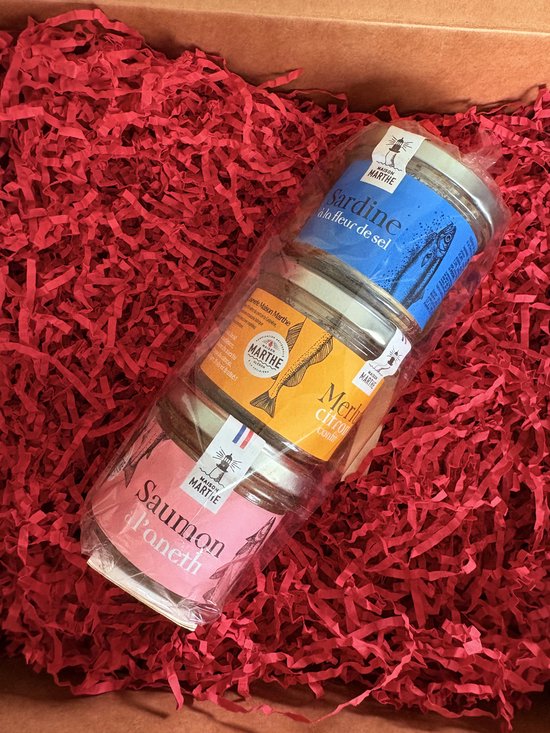 Geschenkset Trio van de Zee – Zalm met Dille, Sardines in Fleur de Sel & Heek met Gekonfijte Citroen, ambachtelijke visdelicatessen uit Frankrijk, 3×90 g
