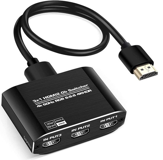4K HDMI Splitter met Afstandsbediening - Incl. HDMI Kabel - 3 in 1 uit - HDMI Switch - 4K ultra HD @ 60Hz - 1080P HD