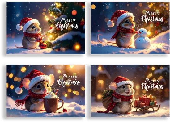 Une souris de Noël portant un bonnet et une écharpe décore un sapin, construit un bonhomme de neige, boit du chocolat chaud et traîne des cadeaux.