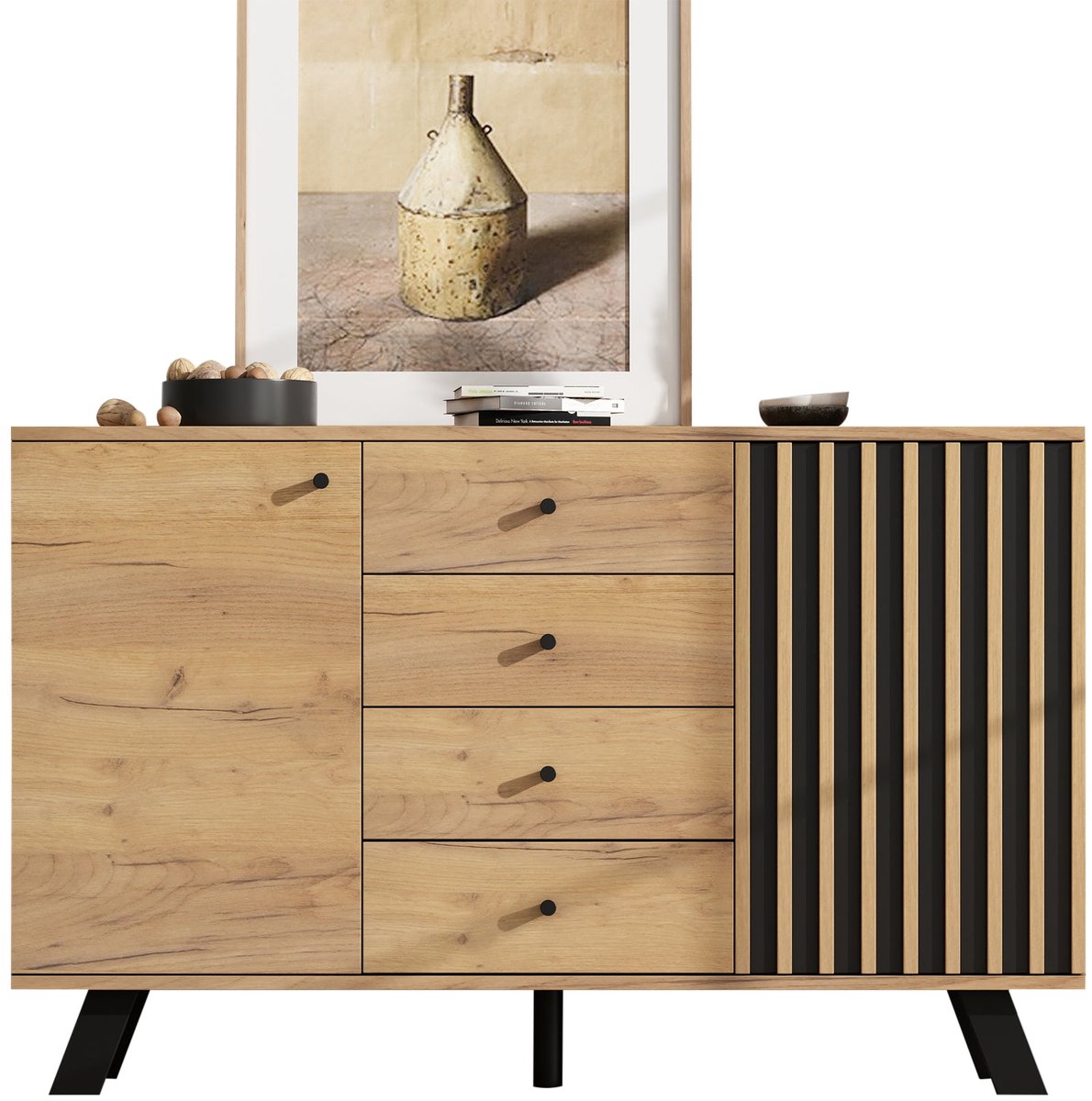 Merax Houten Sideboard met 4 Lades en 2 Deuren – Modern Dressoir met Open Lattenontwerp en Massiefhouten Poten – 120 x 38 x 75 cm – Natuur & Zwart