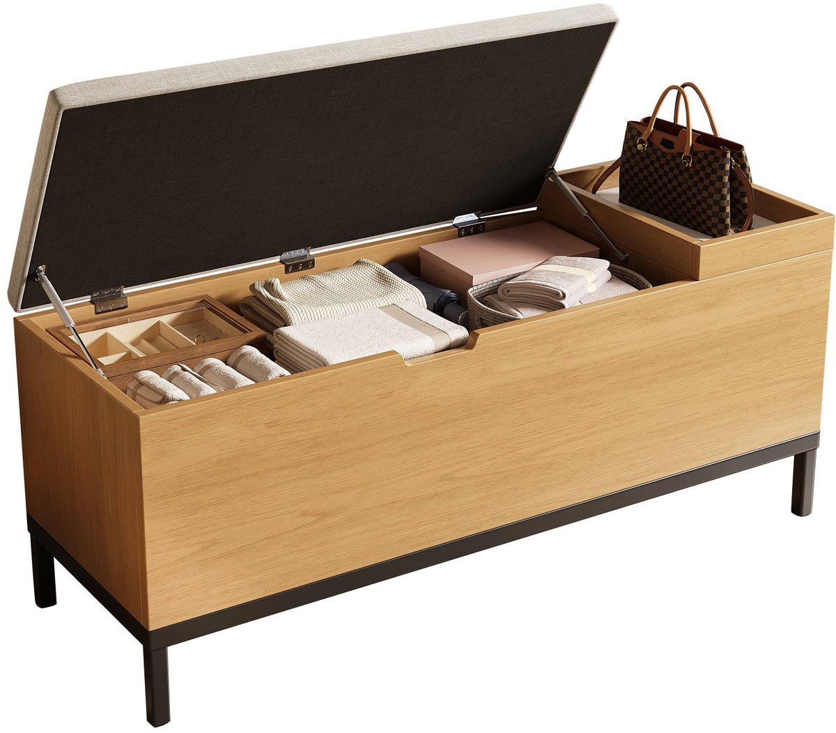 Merax Opbergbank met Zitting 115 x 40 x 49,5 cm – Houten Schoenenbank met Opbergruimte en Kussen – Multifunctionele Zitbank voor Hal - Slaapkamer of Woonkamer – Natuurlijke Houtkleur