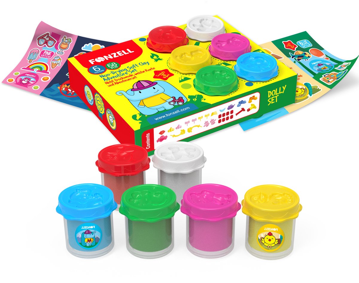 Fonzell Kinder Klei - Figurenset - Boetseerklei - 6 Verschillende Kleuren - 68 Onderdelen