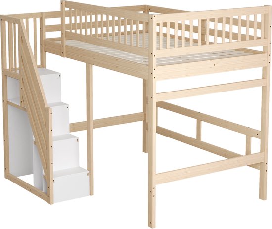 Lit superposé 140x200 cm - avec escalier avec placard de rangement - barrière haute - lit enfant - couleur bois - sans matelas