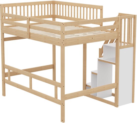 Lit superposé 140x200 cm - avec escalier avec placard de rangement - barrière haute - lit enfant - couleur bois - sans matelas