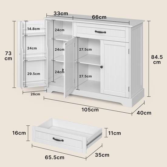 Afmetingen van een witte keukenkast, met de maten van de kast, de lade en de open vakken aangegeven.