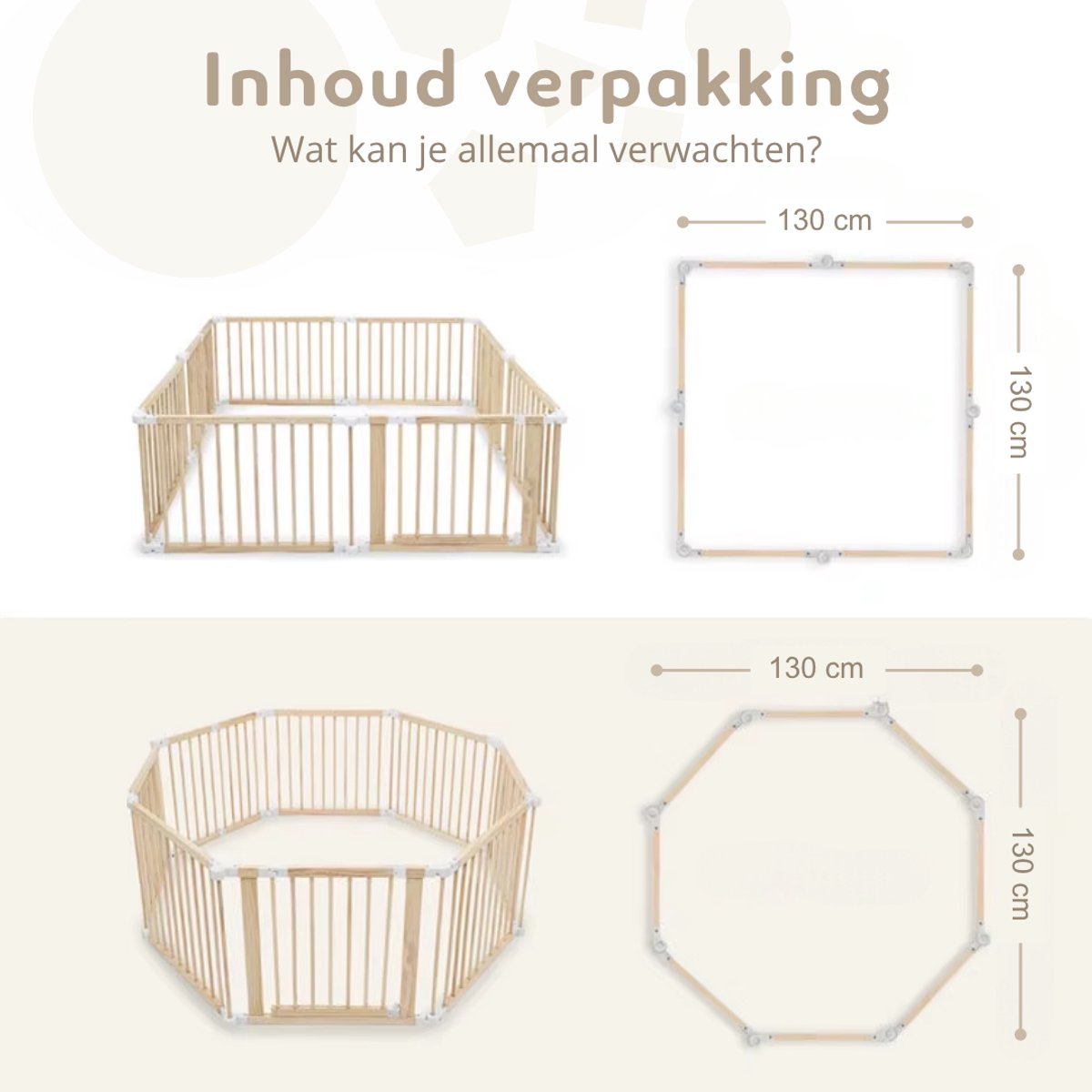 Yellies Grondbox - Babybox - Inklapbare Speelbox - Kinderbox - Playpen Baby - Voorgemonteerd - 130 x 130 x 65 cm - Incl. NL Handleiding - Naturel Hout – foto 8