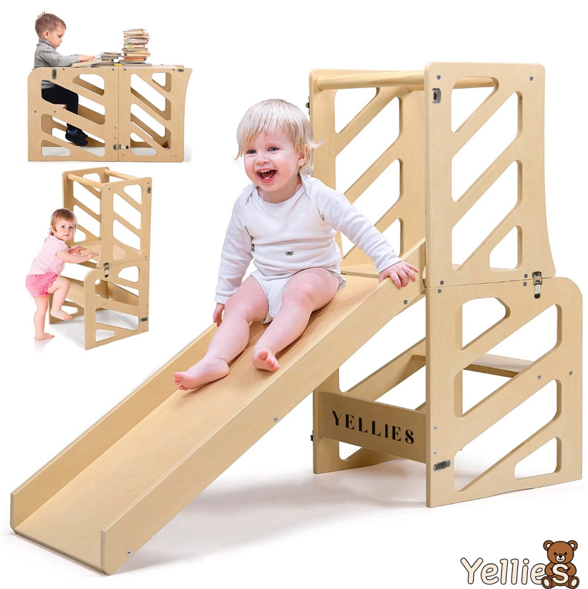 Yellies Leertoren 3-in-1 opvouwbaar naturel hout