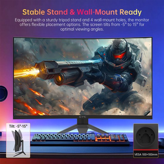 Een gebogen KTC monitor met een gaming afbeelding, een toetsenbord en muis. Links een detail van de kantelbare standaard: "Tilt: -5° tot 15°". Rechts een detail van de muurbevestiging.