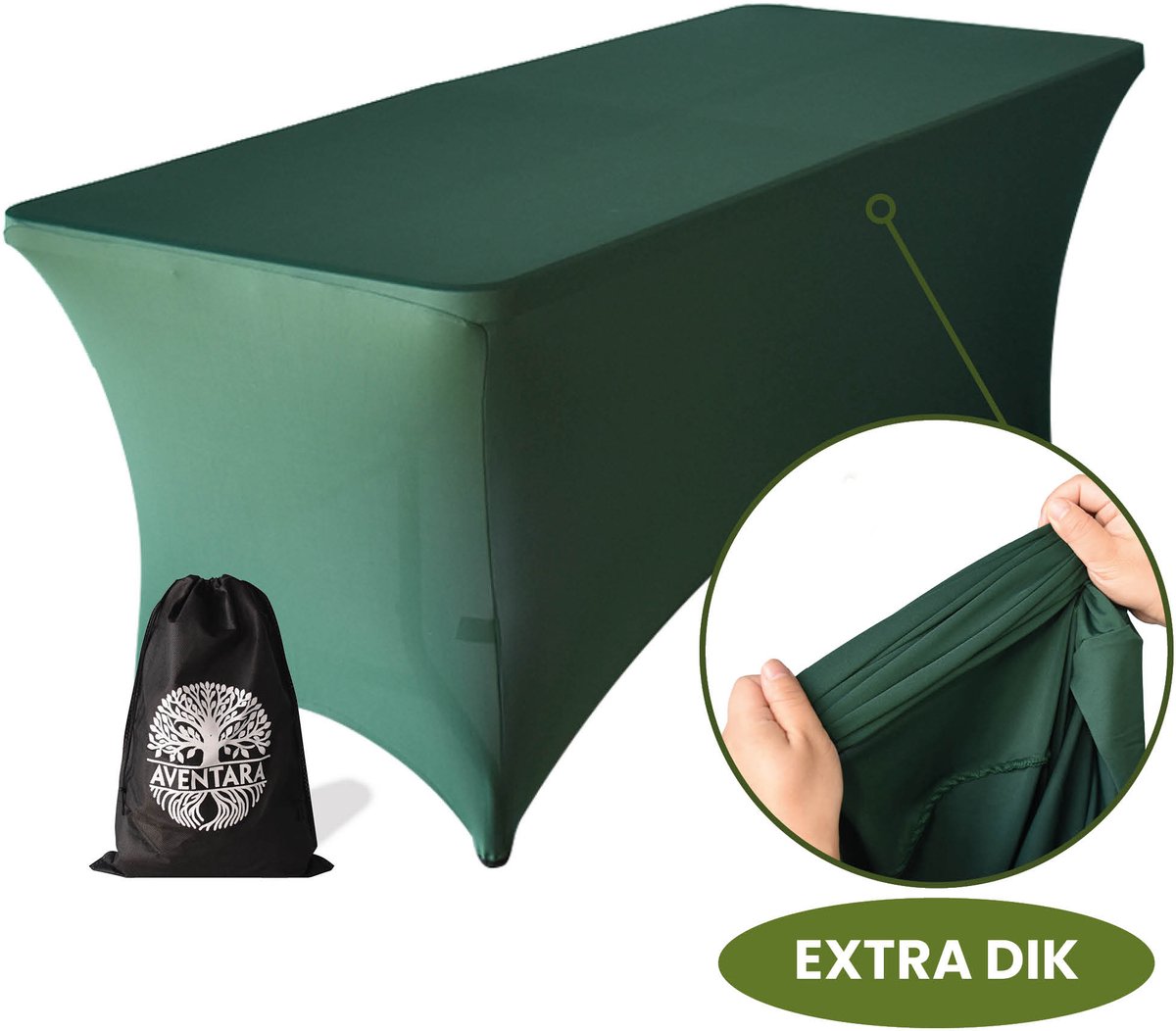 Tafelhoes Donker Groen – 180-183 x 75 x 75 cm - 2 Jaar Garantie - Extra Dik – Luxe Stretch Hoes Voor Klaptafel, Buffettafel, Partytafel, Tuin- & Campingtafel – Kras- en Kreukvrije Tafel Rok met Opbergtas