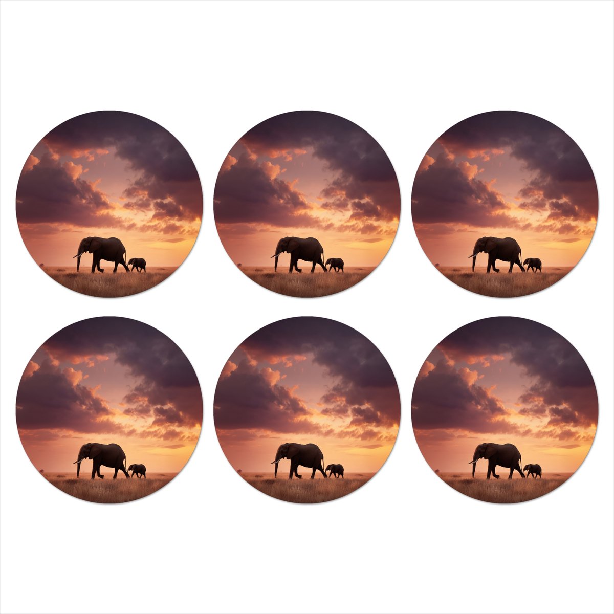 Onderzetters voor glazen - Rond - Olifanten - Grasland - Zonsondergang - 10x10 cm - Glasonderzetters - 6 stuks