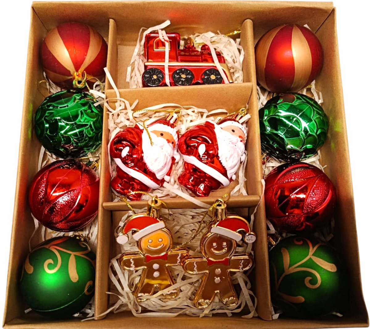 Luxe Kerstballen Set – 13-delig – Rood & Groen – Inclusief Santa, Treintje & Gingerbread Poppen – Glanzende Kerstdecoratie - rood/groen/goud - feestdagen - kerstmis - christmas