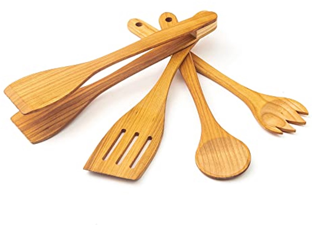Houten Lepelset 4-Delige Keuken Set - Houten Lepel, Vork, Spatel, Grilltang