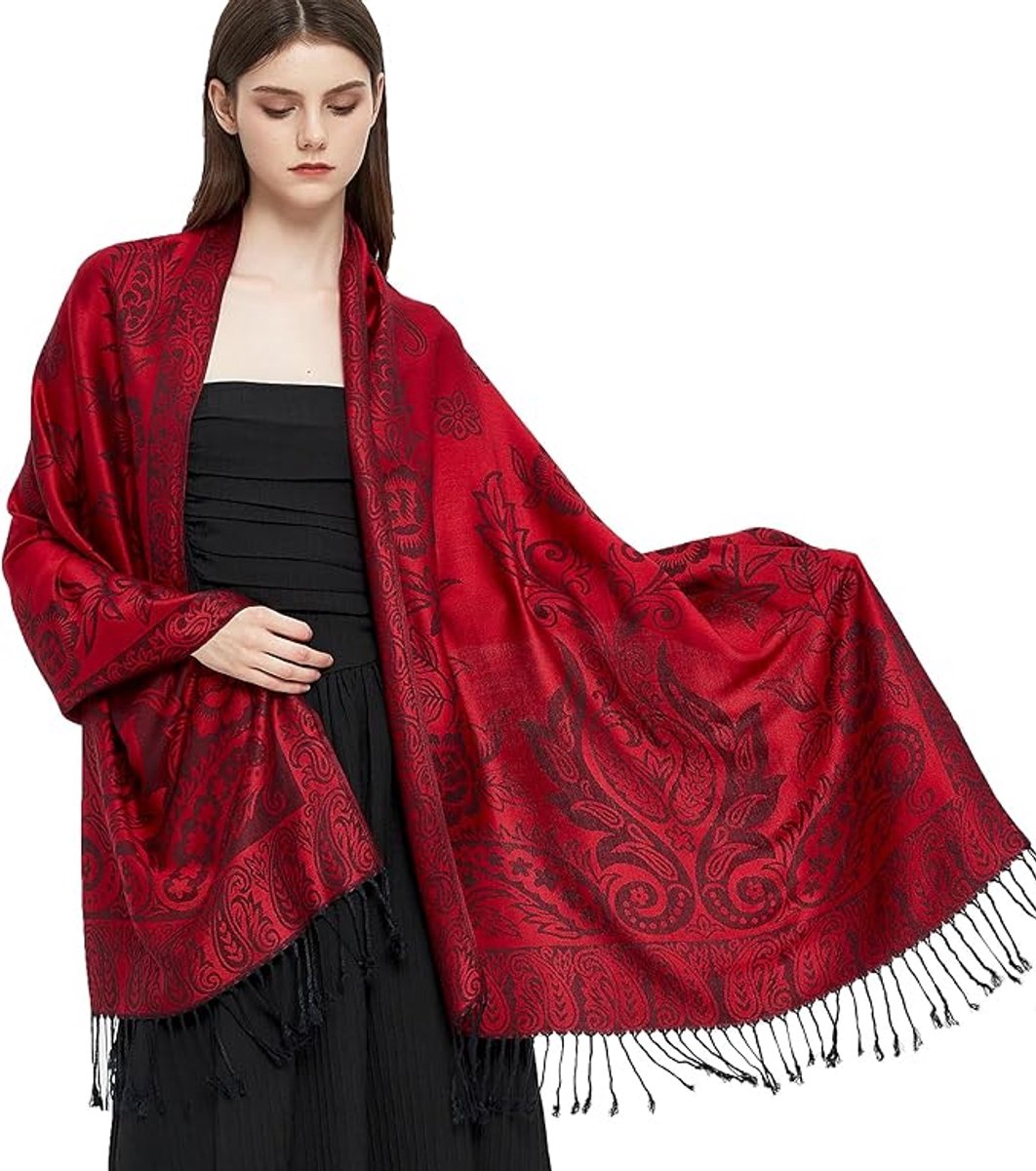 Pashmina sjaal wrap met etnische paisley Two Tone Jacquard sjaal voor dames - lengte 180 cm met franjes (10 cm franjes aan elke kant), breedte: 60 cm - Paisley-zwart rood