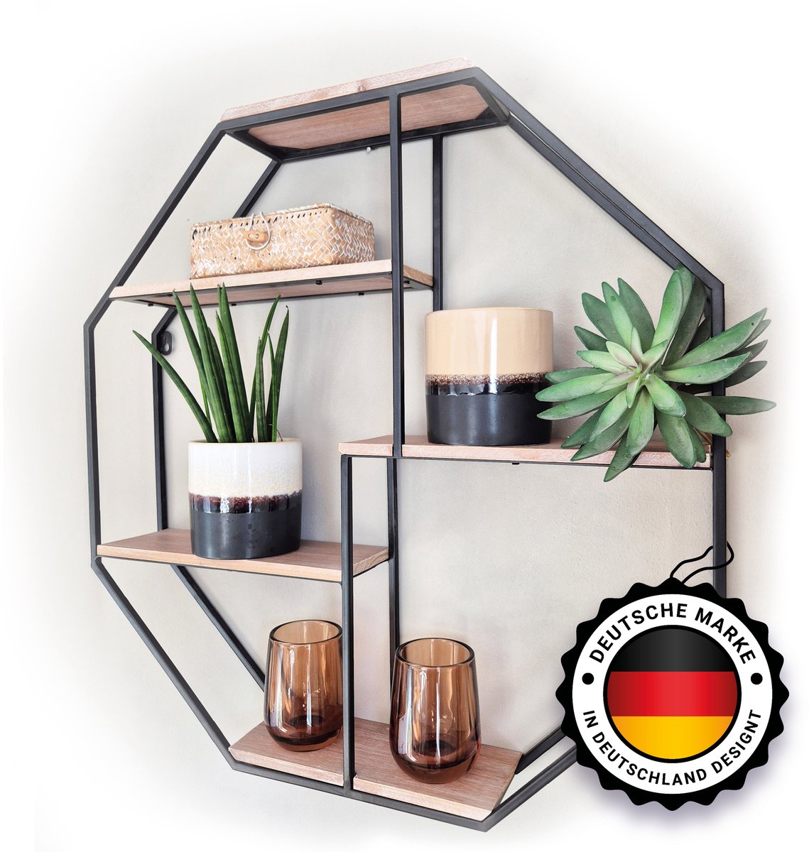 Kyto zwart metalen wandrek industrieel achthoekig 60x60cm Diameter - Decoratief Rek van Metaal in Octagonale Vorm - Wandplank voor Keuken, Slaapkamer, Woonkamer