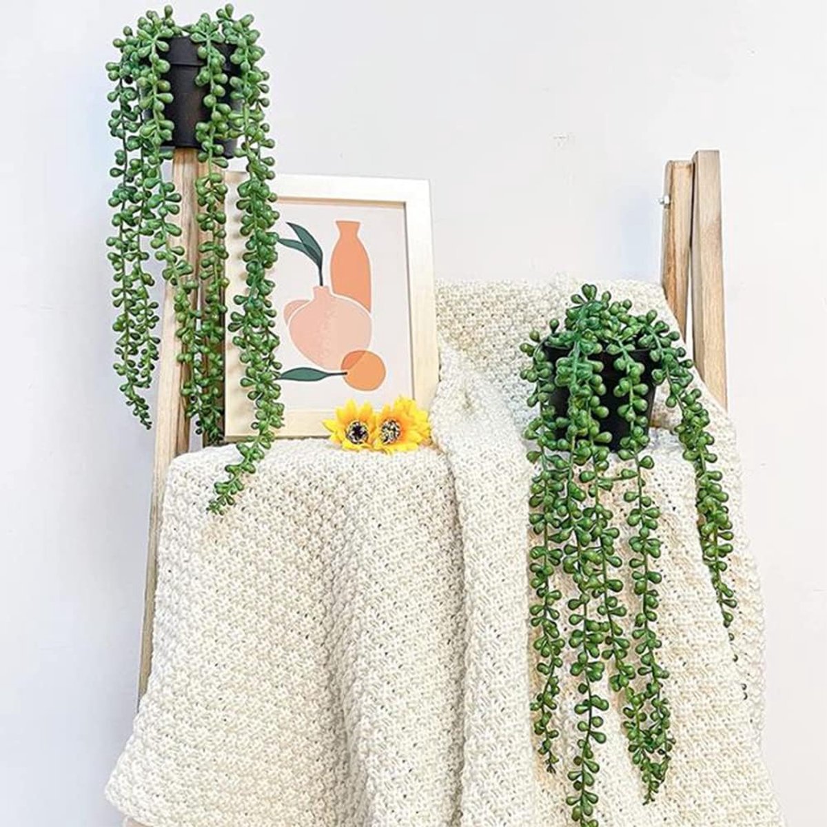 Famanu - Kunstmatige hangplant, set van 2 kunstplanten voor binnen, nepplanten met potten, ingemaakte parelsnoer, vetplanten, nepklimop, nepplant voor thuis, binnen, buiten, muur, kantoor, tafelplank