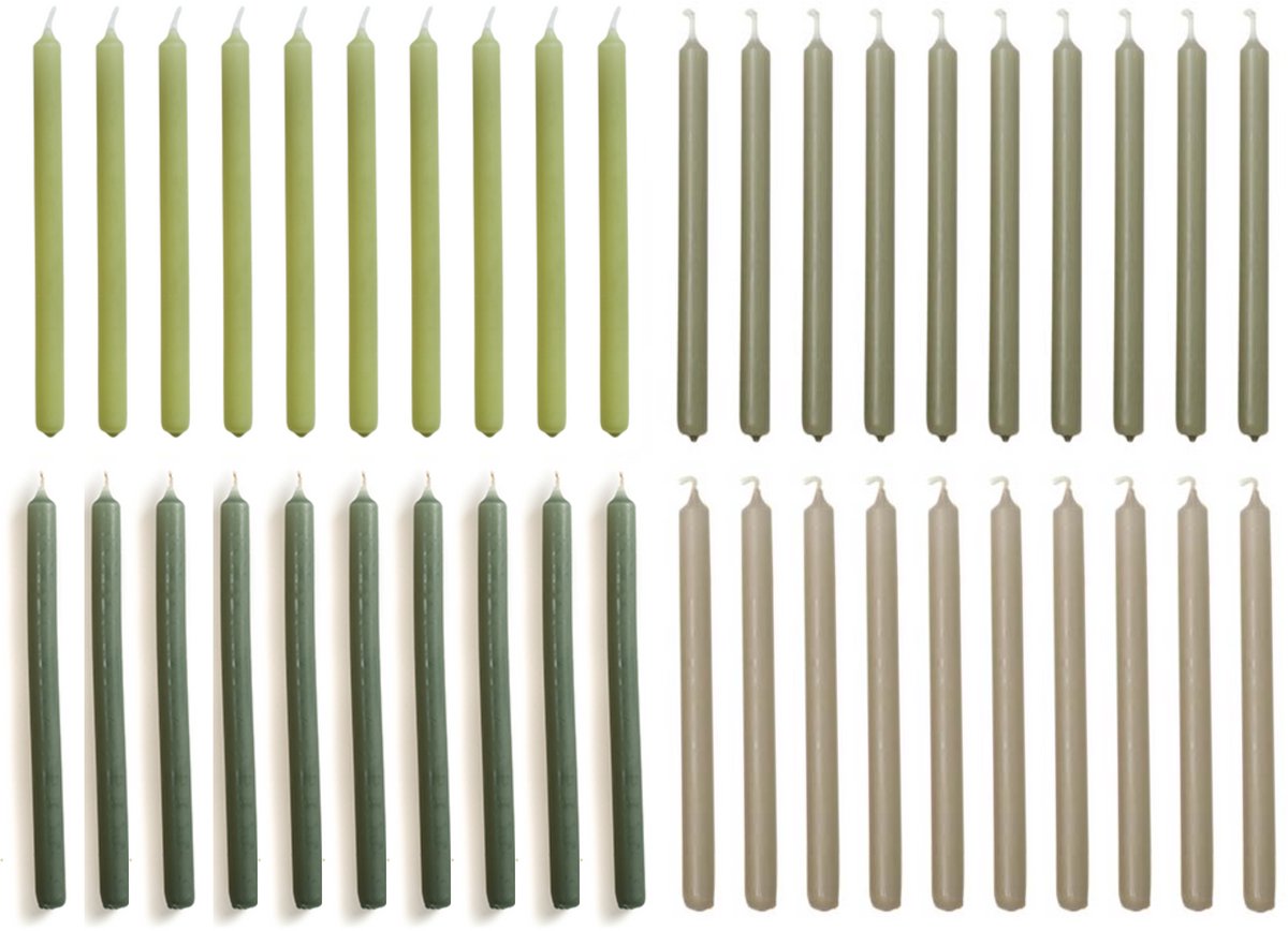 Cactula Gekleurde Kerstboomkaarsjes – Set van 40 | Dunne Potloodkaarsen 10x17 cm | Linnen, Eucalyptus, Leaf Green, Forest Green | Hoge Kwaliteit | Voor Smalle Kandelaren | Flora green