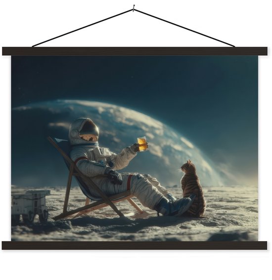 Posterhanger incl. Poster 60x45 cm - Schoolplaat - Astronaut - Kat - Glas - Stoel - Textielposter - Zwarte latten