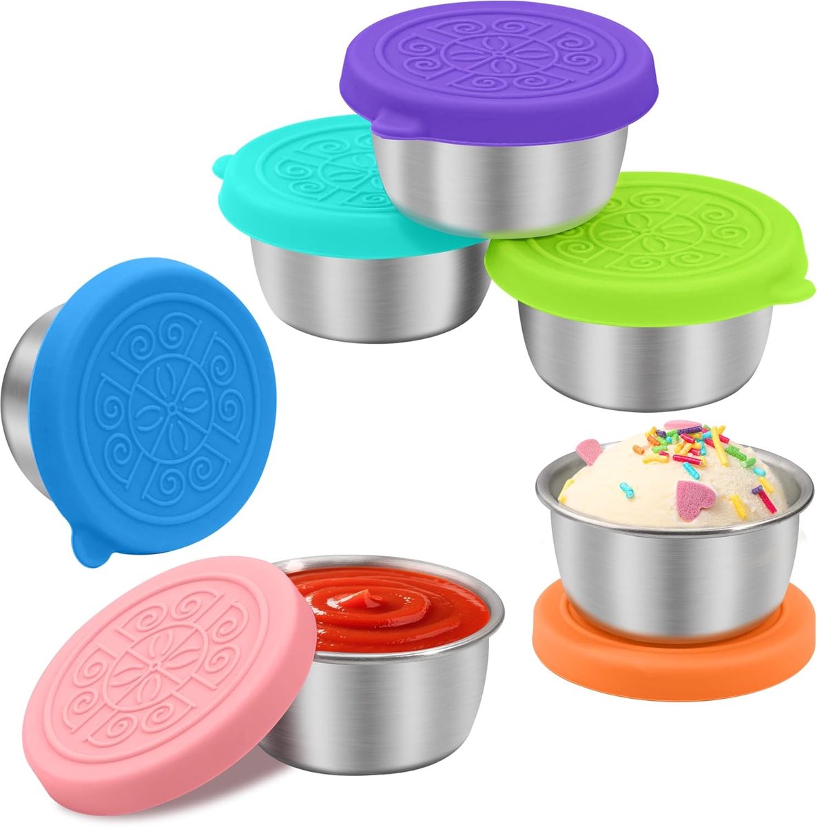 Mini vershoudbakjes met deksel - RVS Snackbox - To Go Set 6 Dressingpotjes 50ml - Duurzame Snackdoosjes - Diepvriesbakjes - Voorraaddoosjes Met Deksel Uit Silicone - Dressing Bakje - BPA Vrij - Lekvrij - Voor Snack/Dips/Salade/Specerijen Enz