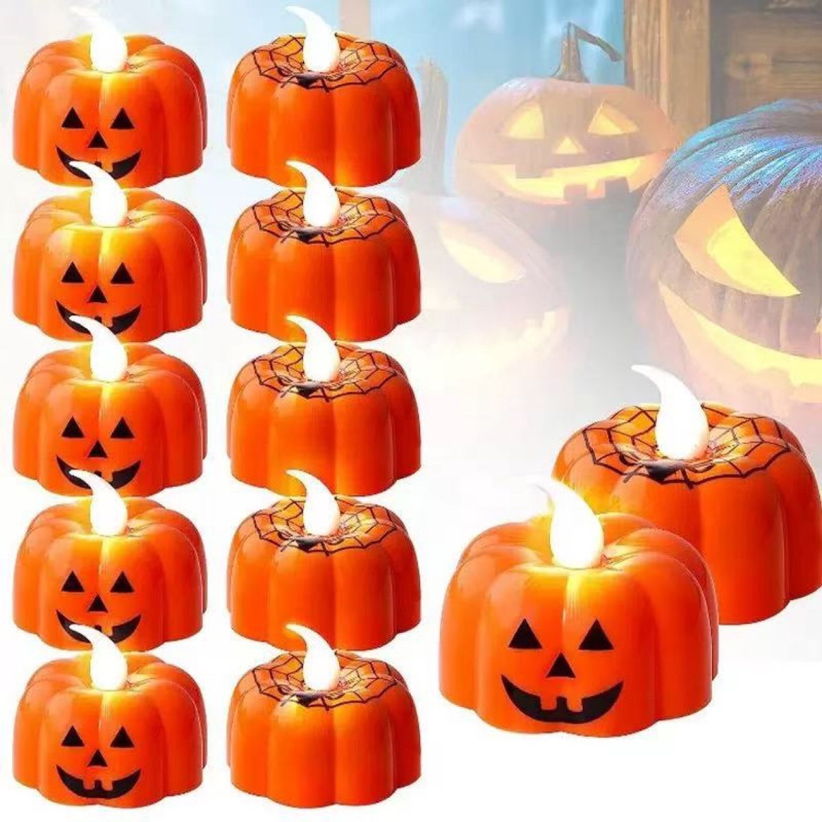 Daity 12 stuks Halloween Glow-in-the-Dark pompoenkaarsen - Glowing Spiderweb-kaarsen - Halloween-accessoires, verlichte Halloween-decoraties, schattige gezichtsverlichting voor de feestdagen, LED-kaarsen - schattige pompoenversieringen voor op het bu