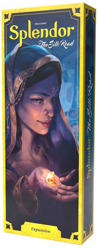 De doos van Splendor: The Silk Road. Een vrouw met een hoofddoek houdt een edelsteen vast in haar hand.