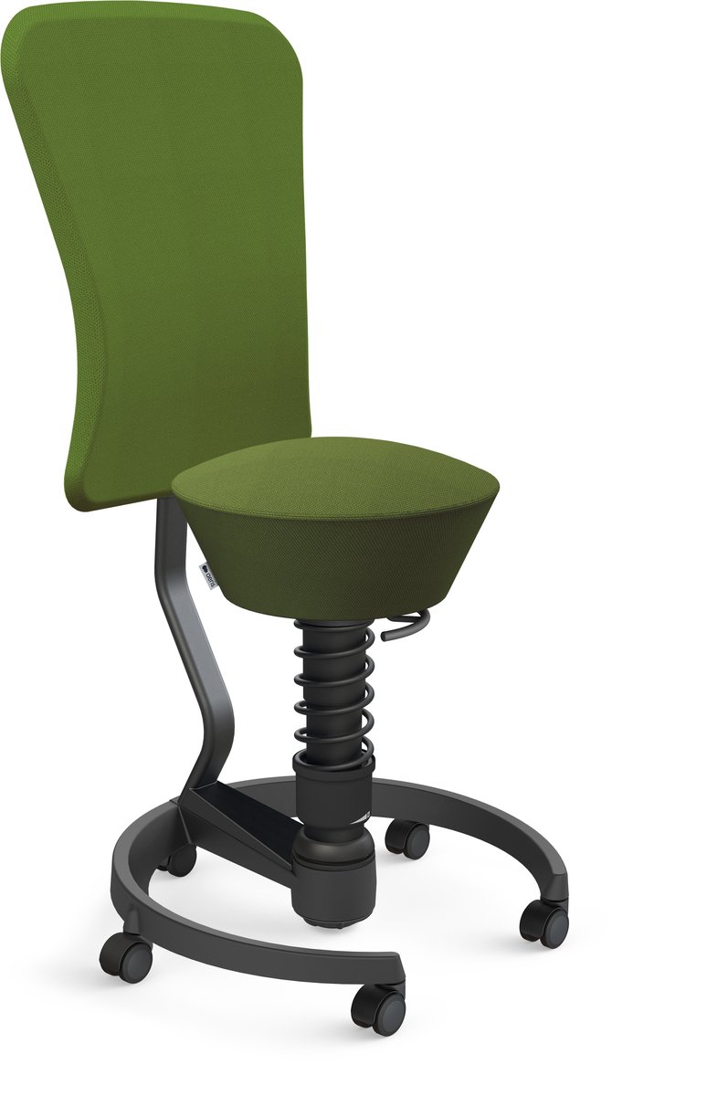 Aeris Swopper with backrest footring with castors (hard floor), black spring strut type: standard, black, spring black seat cover: wool blend Select (Gabriel), green backrest pole: black, backrest cover: wool blend Select (Gabriel), green