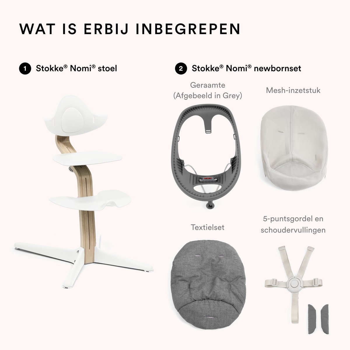Stokke Nomi stoel (wit) met set voor pasgeborenen (wit/grijs roze) - Inclusief 5-punts veiligheidsharnas en omkeerbare, wasbare textielset - Kan tot 150 kg dragen – foto 5