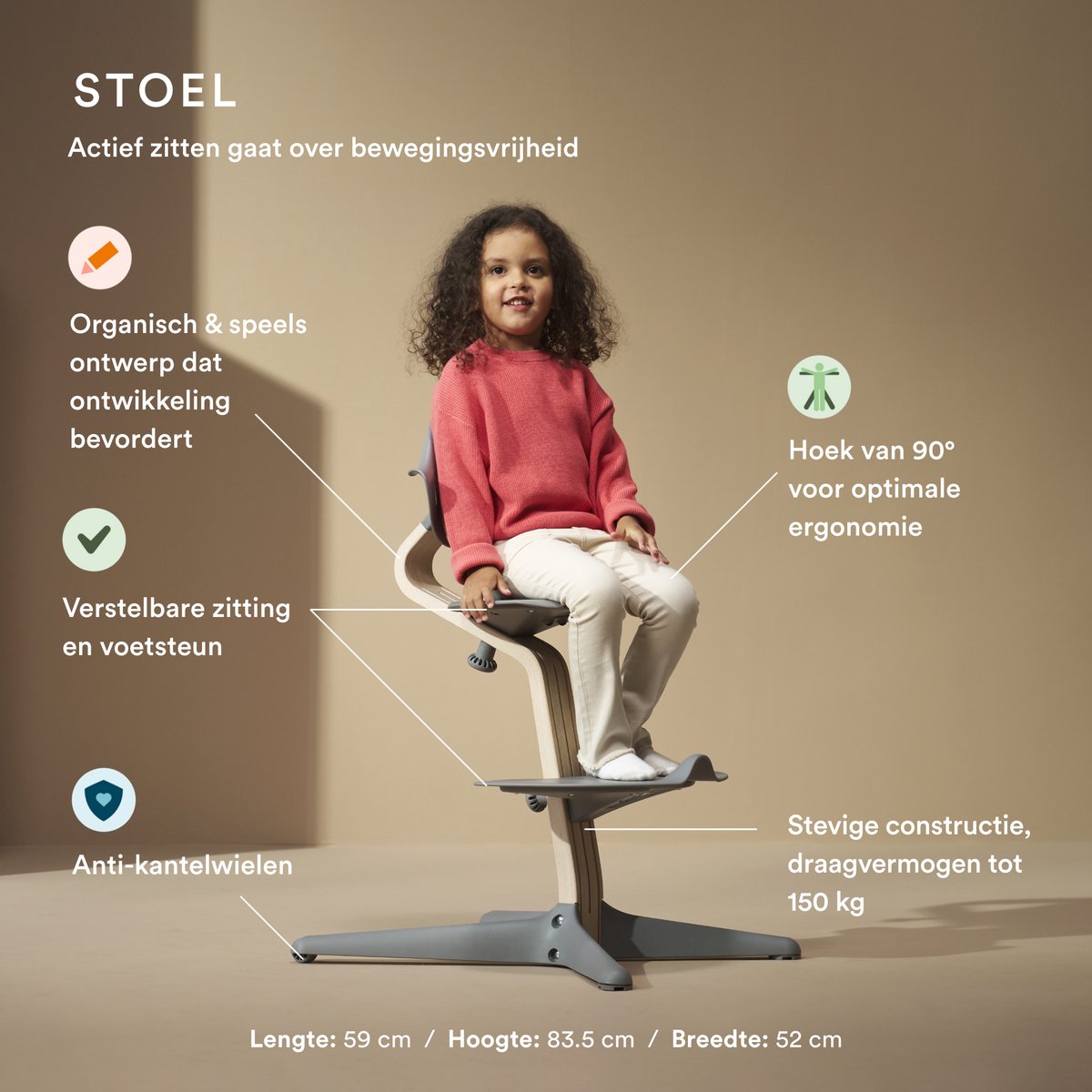 Stokke Nomi stoel (wit) met set voor pasgeborenen (wit/grijs roze) - Inclusief 5-punts veiligheidsharnas en omkeerbare, wasbare textielset - Kan tot 150 kg dragen – foto 2