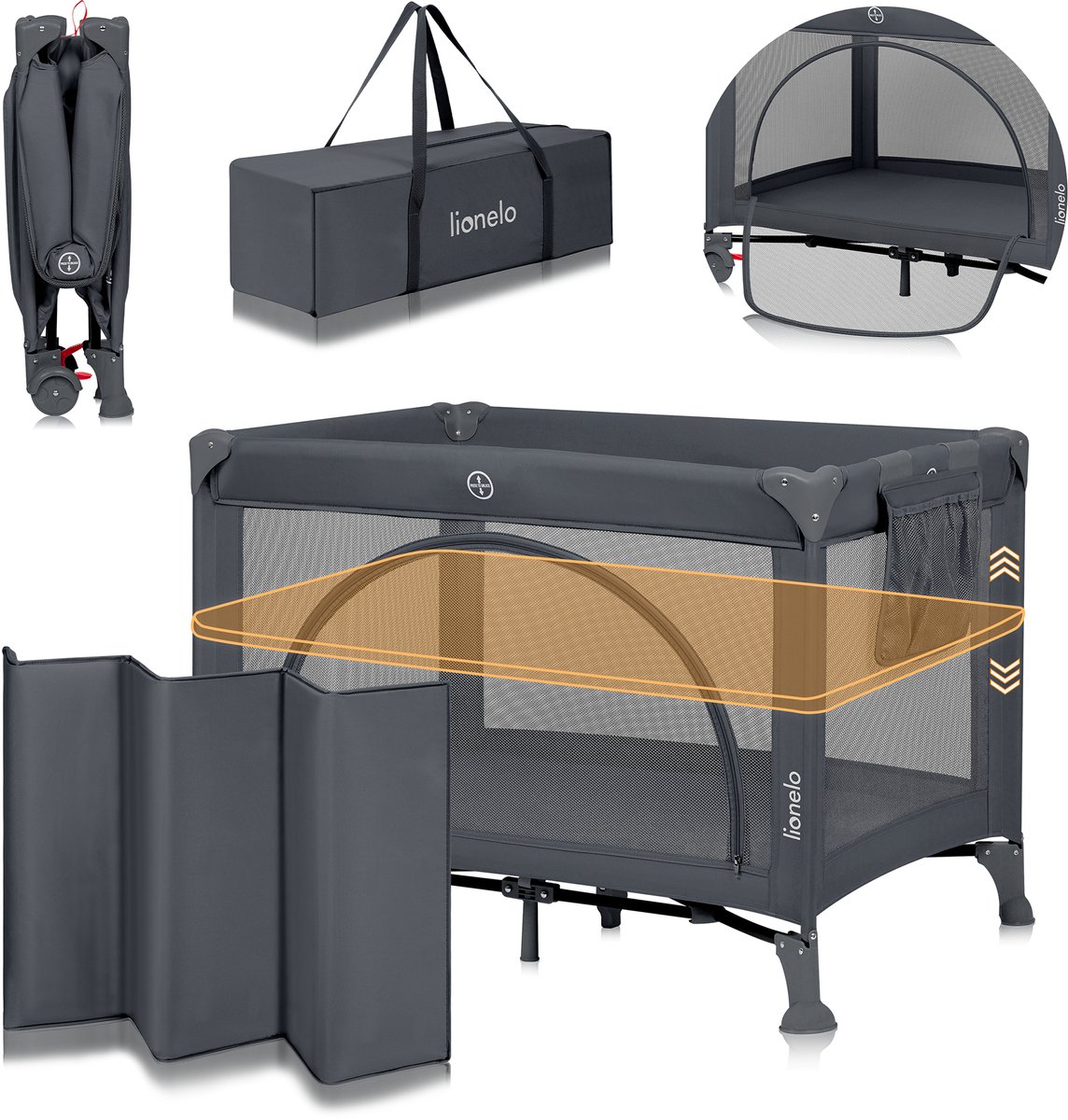 Lionelo Laura - Compact 3 in 1 Campingbedje, Box & Babybed - Lichtgewicht - 2 Hoogtes - Wielen met Rem - Gaas Zijpanelen & Peuter Ingang - Inclusief Draagtas & Opbergzak - Reisbedje
