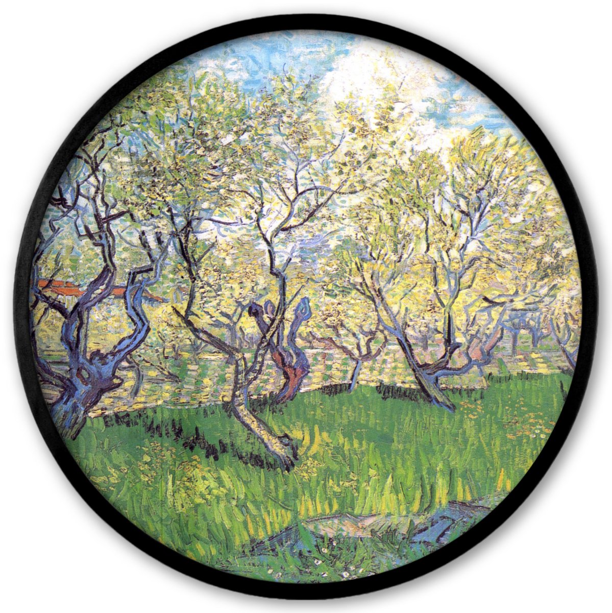 FrameYourWall Poster in lijst Rond - Fotolijst 40x40 cm - Posters - Boomgaard met bloeiende pruimenbomen - Vincent van Gogh - Ronde posterlijst zwart - Decoratie - Wanddecoratie woonkamer - Muurdecoratie slaapkamer Multicolor