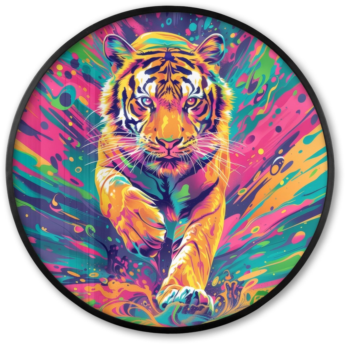 FrameYourWall Poster in lijst Rond - Fotolijst 80x80 cm - Posters - Tijger - Wilde dieren - Kleurrijk - Verflook - Ronde posterlijst zwart - Decoratie - Wanddecoratie woonkamer - Muurdecoratie slaapkamer