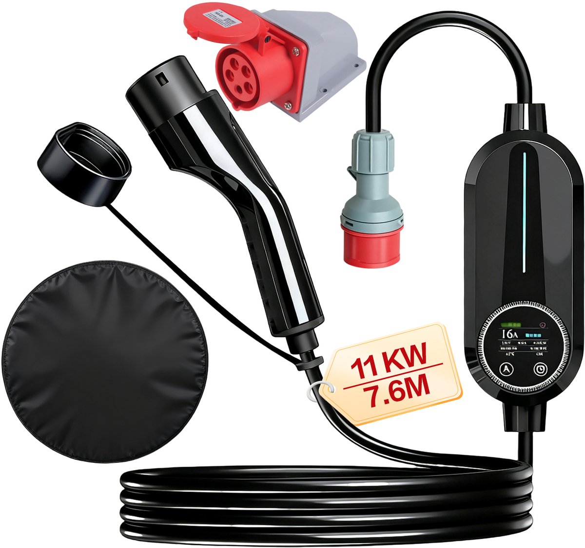 Mobiele Thuislader 11kW - CEE naar Type 2 stekker EV oplader - 7.6 meter kabel - 8A/10A/13A/16A Schakelbaar - Timer functie - 3 fase - TPU kabel - IP66 Waterdicht - Universele elektrische auto lader - Incl. Draagtas