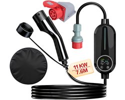 Mobiele Thuislader 11kW - CEE naar Type 2 stekker EV oplader - 7.6 meter kabel - 8A/10A/13A/16A Schakelbaar - Timer functie - 3 fase - TPU kabel - IP66 Waterdicht - Universele elektrische auto lader - Incl. Draagtas